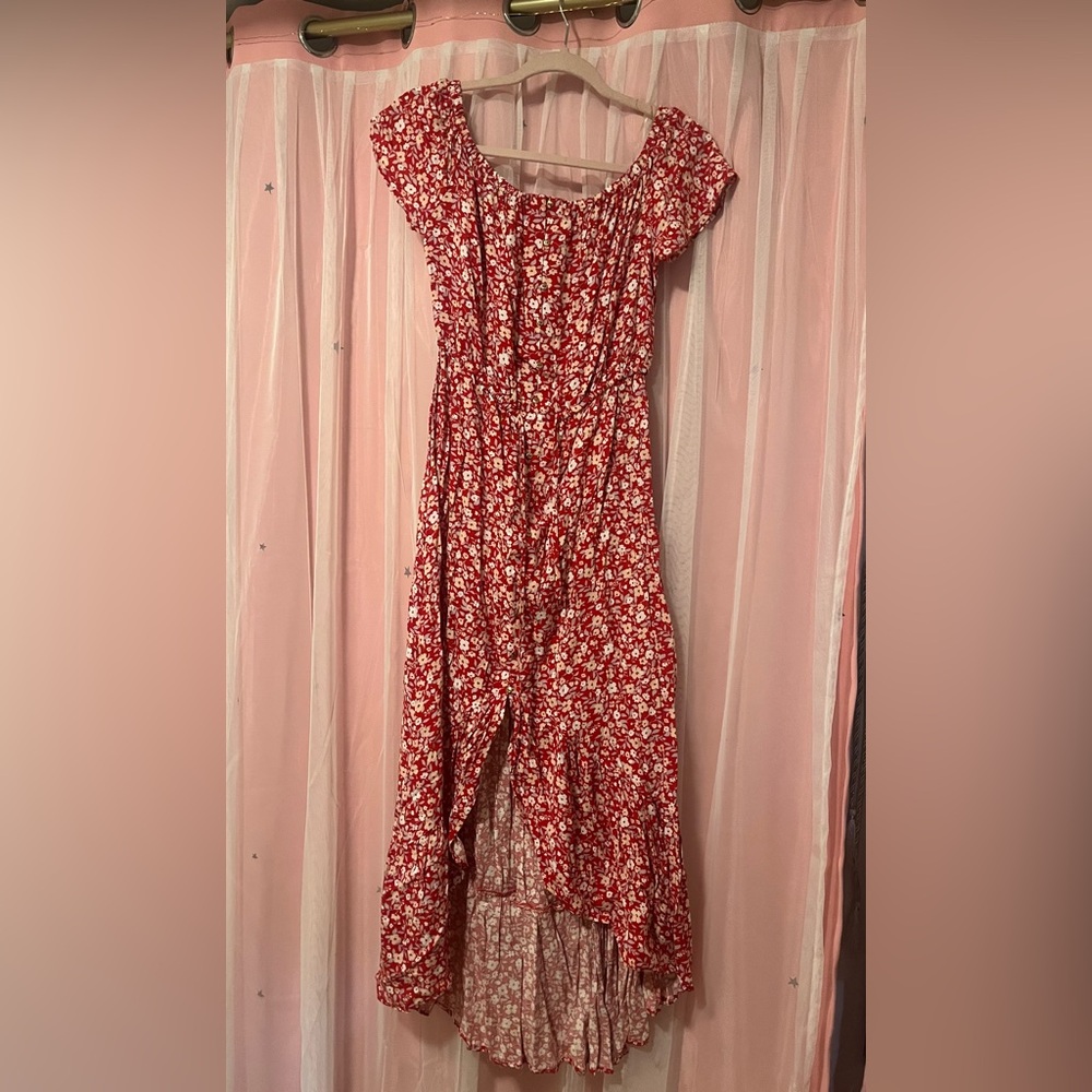 Red Floral High-Low Midi Dress